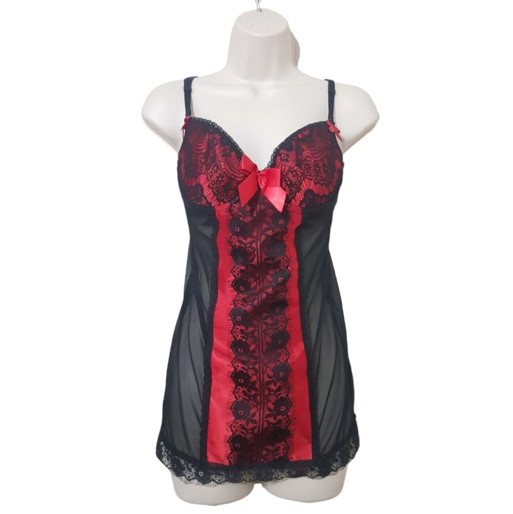 iCollection Red & Black Women's Open Back Nightie Lingerie Teddy Size Small